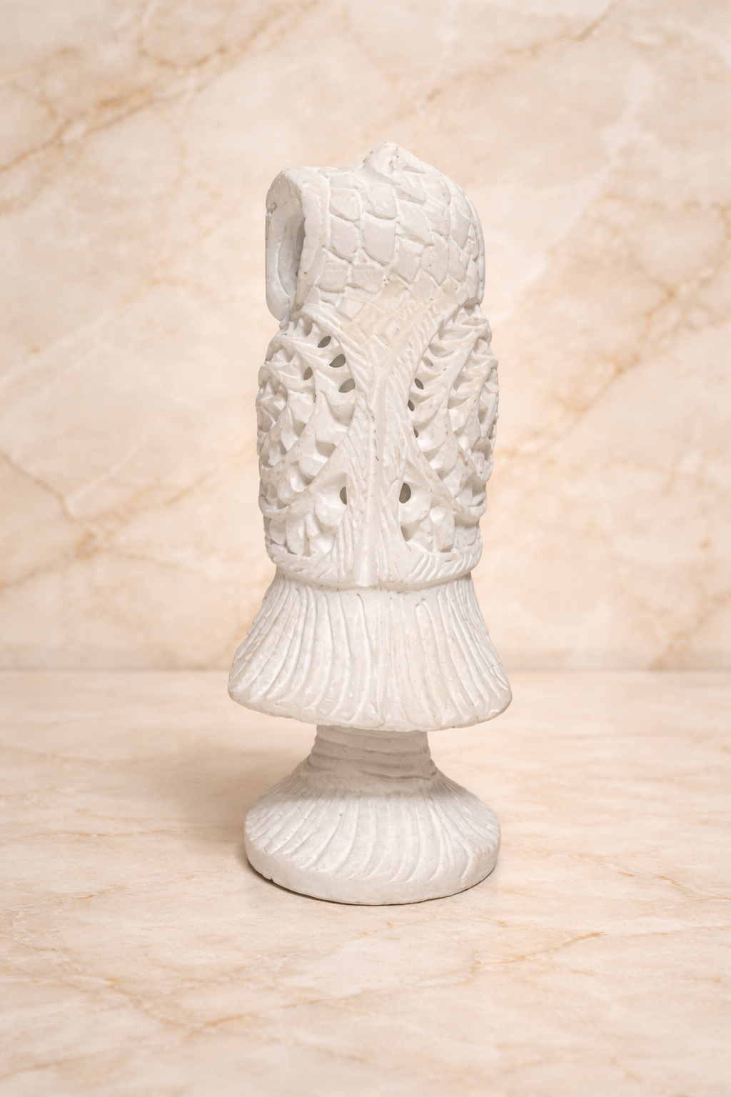 Rare view for Hand-carved white marble owl sculpture perched on branch
