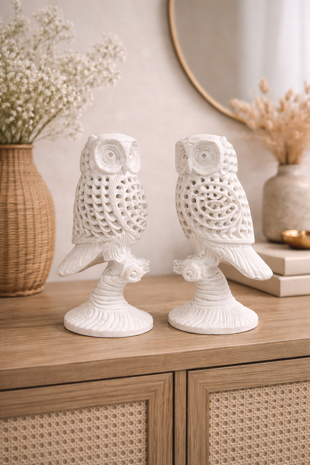 Two white marble owl sculptures on wooden surface with decorative background