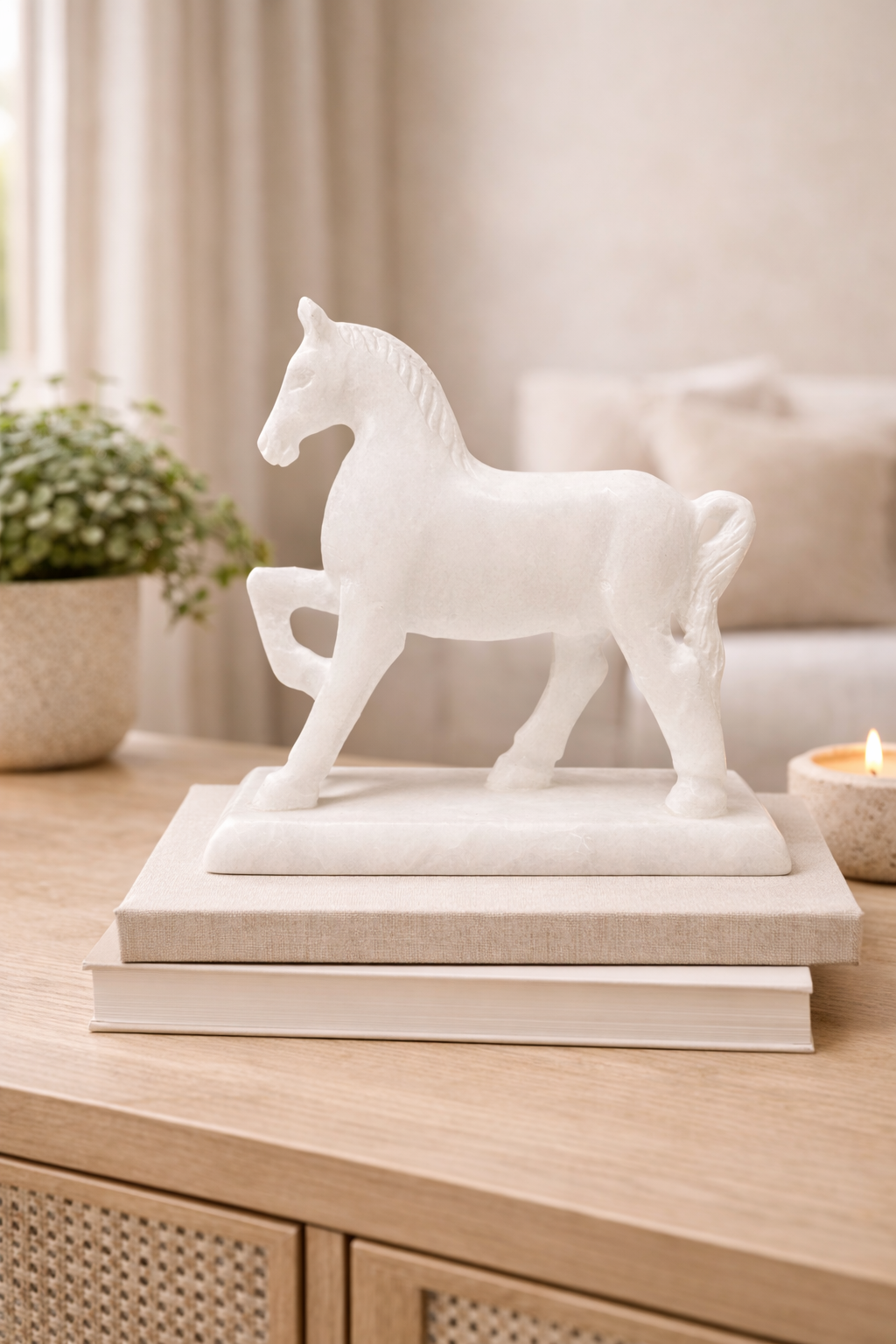0.285 kg Polished white marble horse figurine on wooden table in modern living room