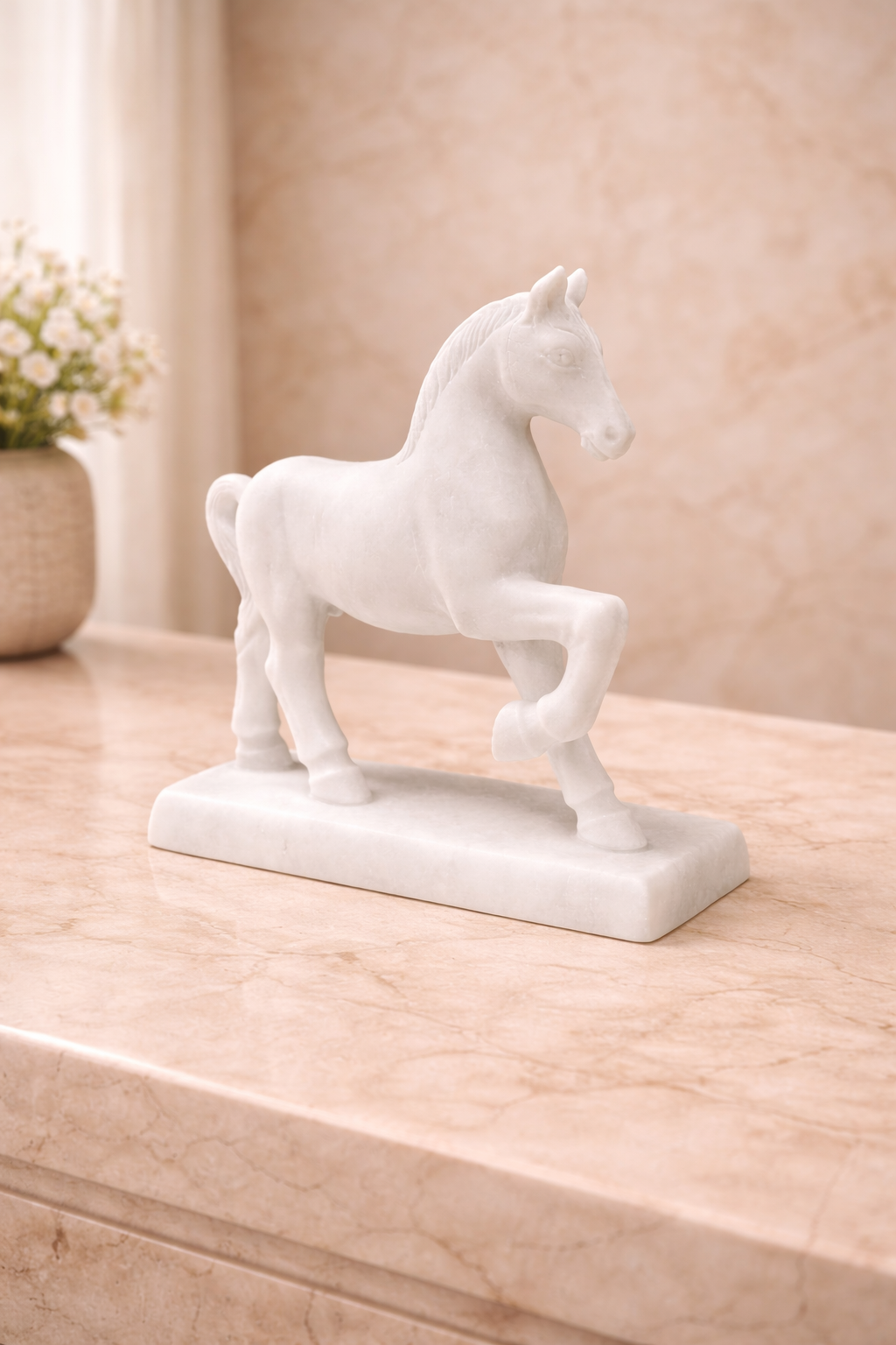 Solid marble horse sculpture on stand