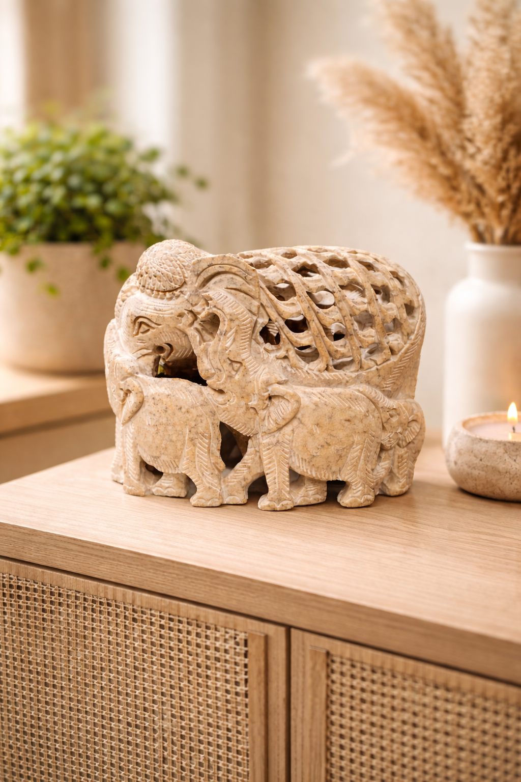 Hand carved soapstone elephant family sculpture styled on wooden console table