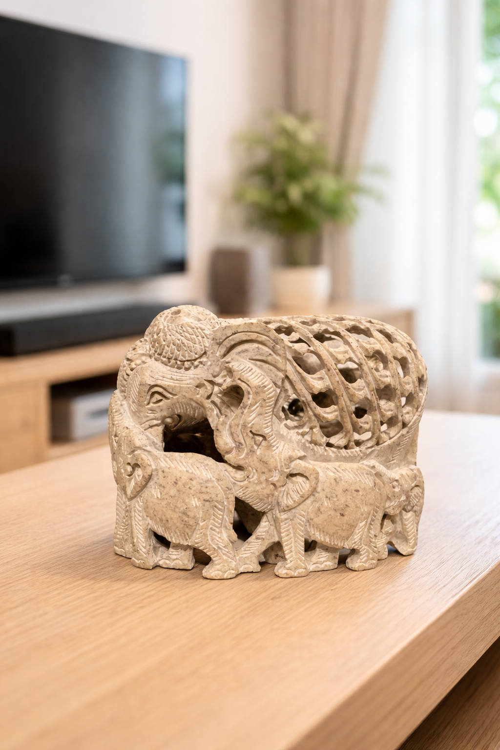 Soapstone elephant family decor styled in modern home