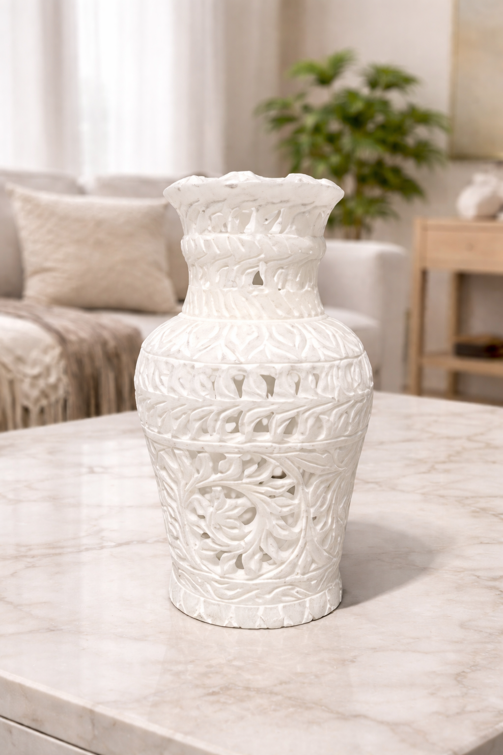 Hand-carved white marble vase