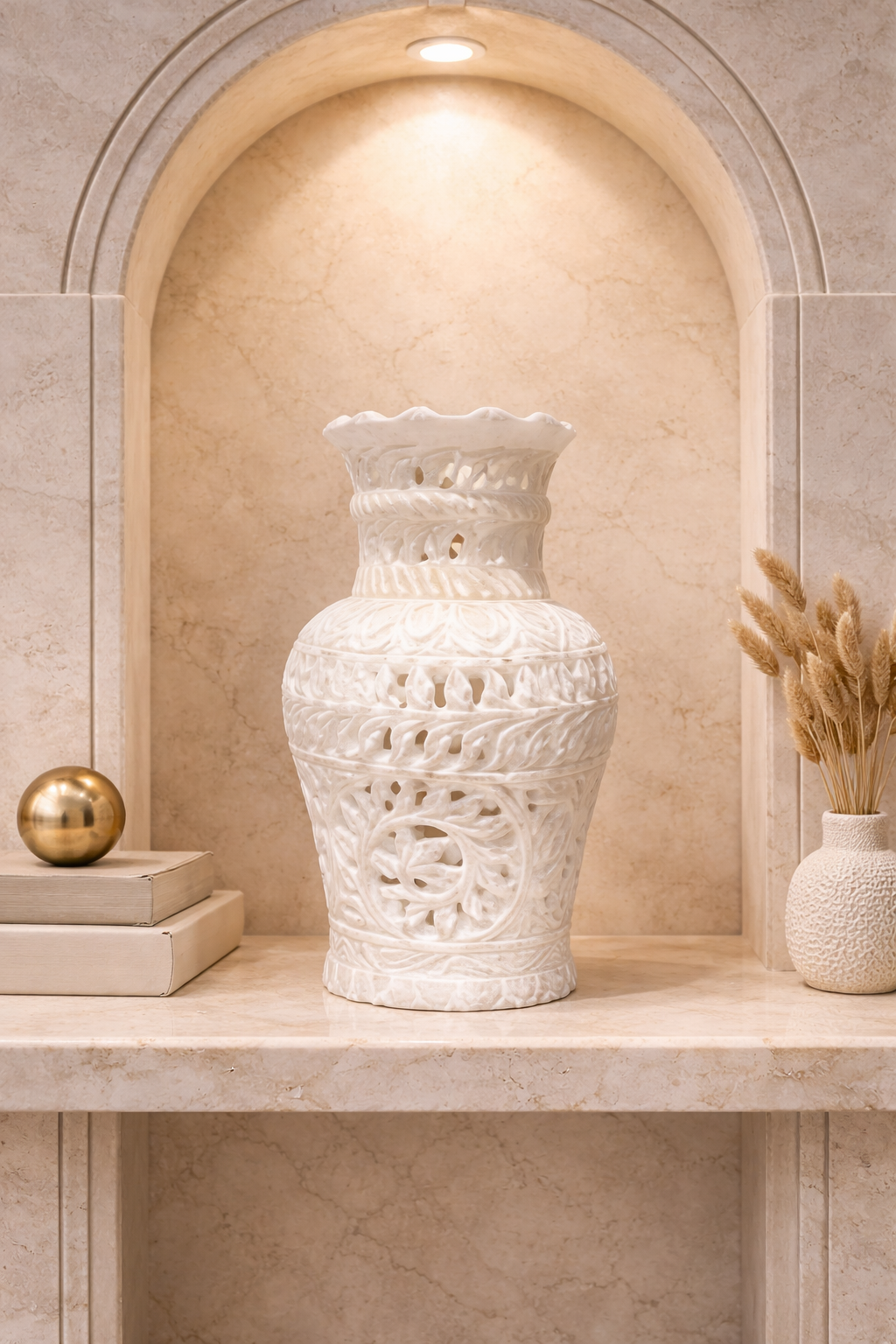 Hand-carved white marble lantern-style candle holder