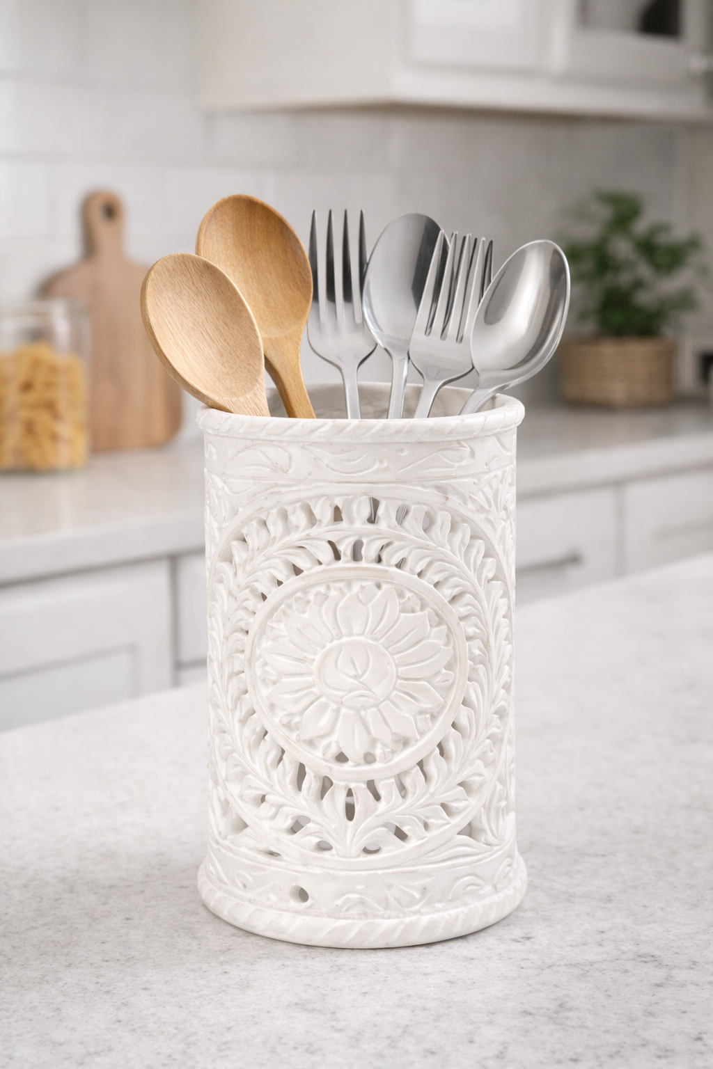 Polished white marble decorative holder with floral carving as cutlery holder