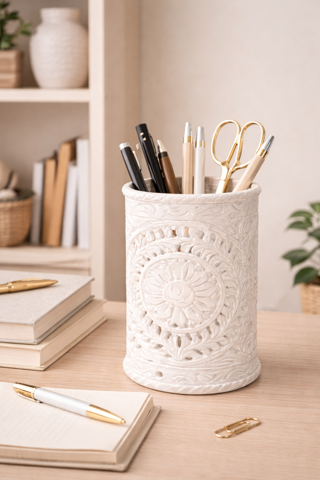 Hand-carved white marble decorative holder used as desk organiser with pens and scissors