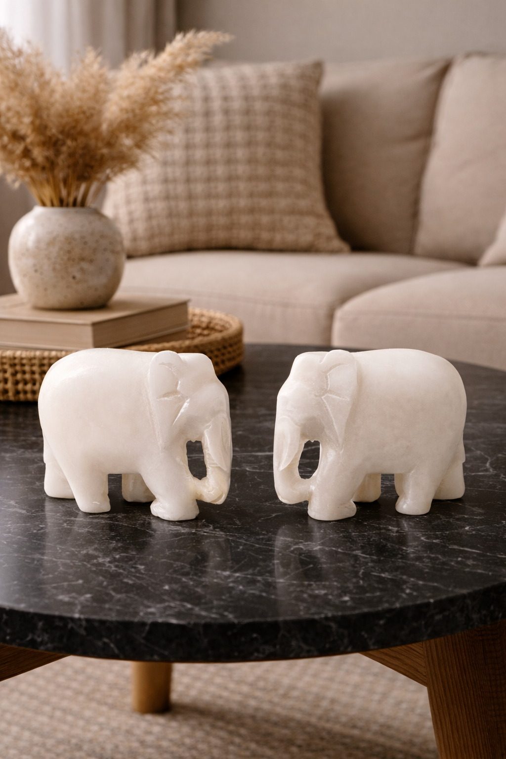 Marble elephant sculpture pair table décor with warm candle and dried flowers