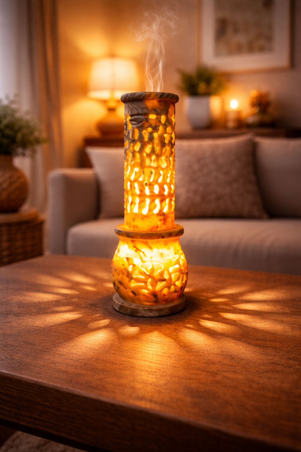 0.334 kg Soapstone incense burner tower casting patterned light on table, cosy home décor scene