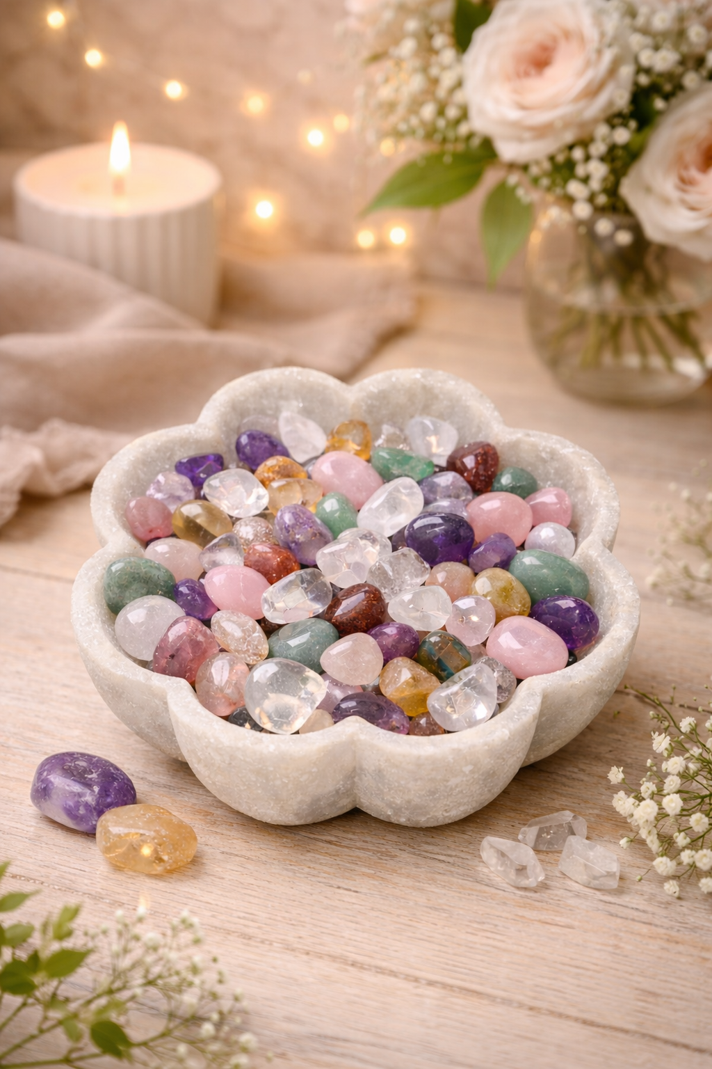 White marble lotus decorative bowl filled with colourful crystals and gemstones