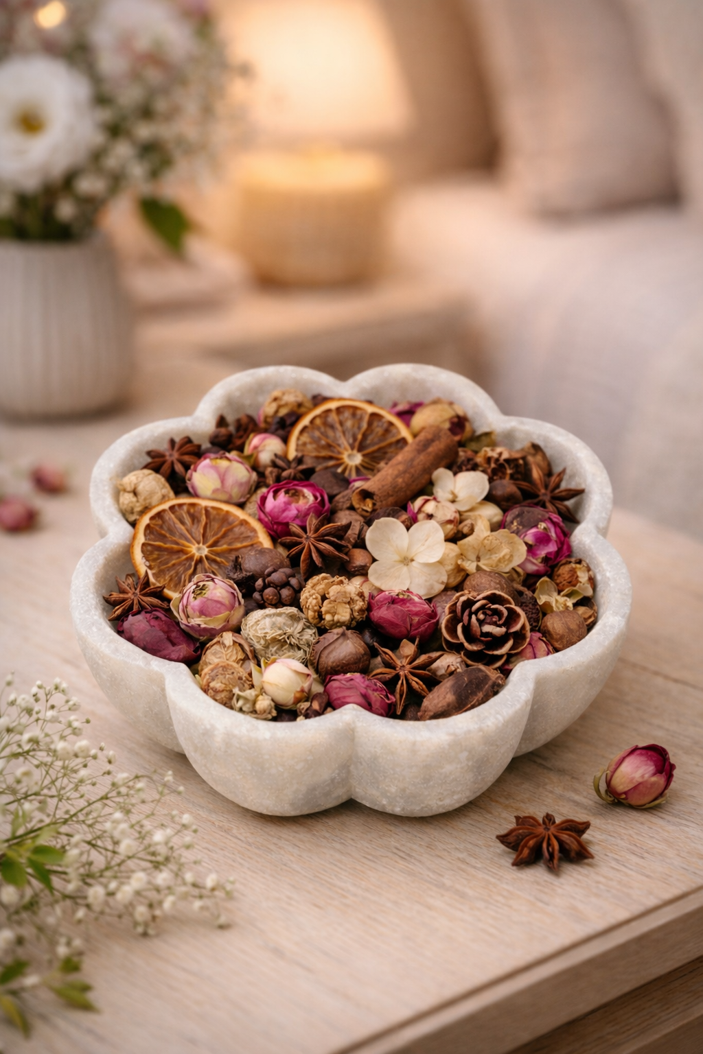 Luxury white marble lotus bowl with dried flowers and natural potpourri