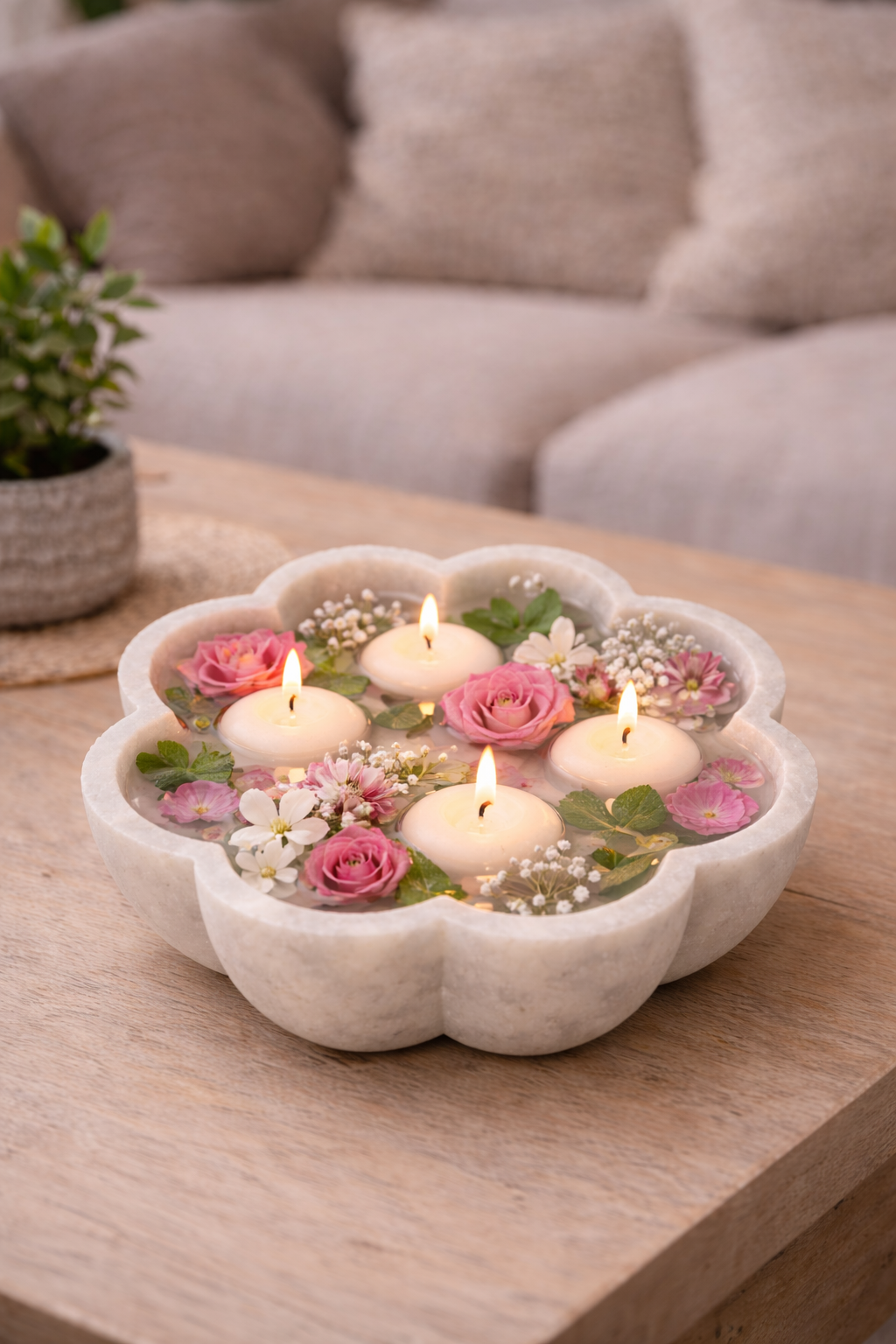 White marble lotus bowl with floating candles and flowers – decorative marble bowl NZ