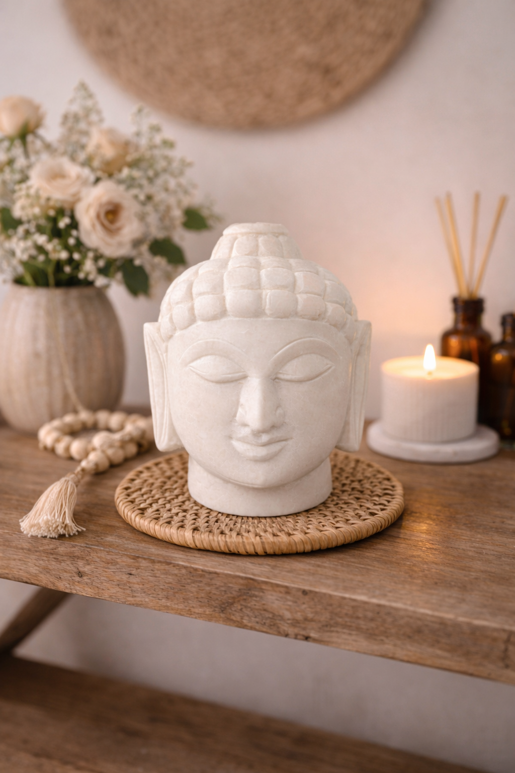 White marble Buddha head statue on wooden table with candle and flowers, zen home decor
