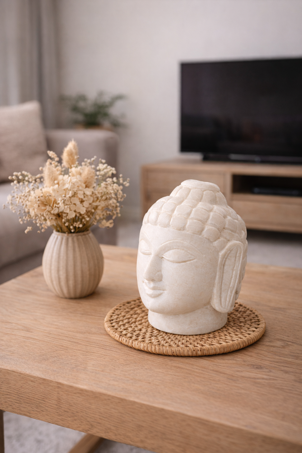 Hand carved white marble Buddha head statue on wooden table with modern home decor background