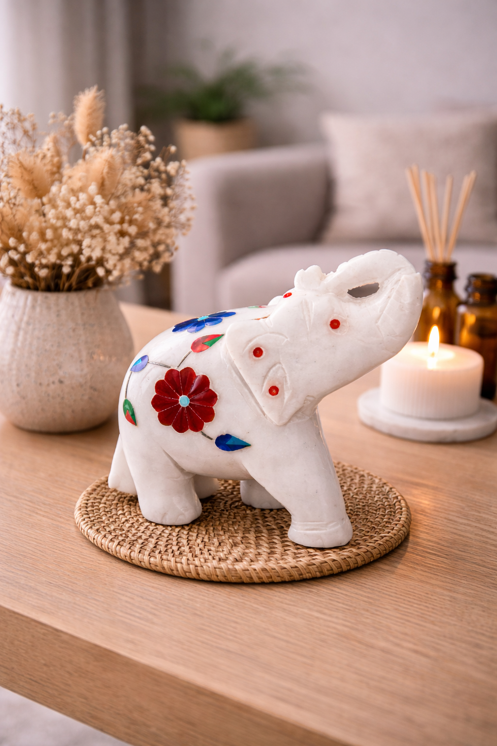 hand carved white marble elephant figurine with floral inlay stonework on woven coaster home decor nz