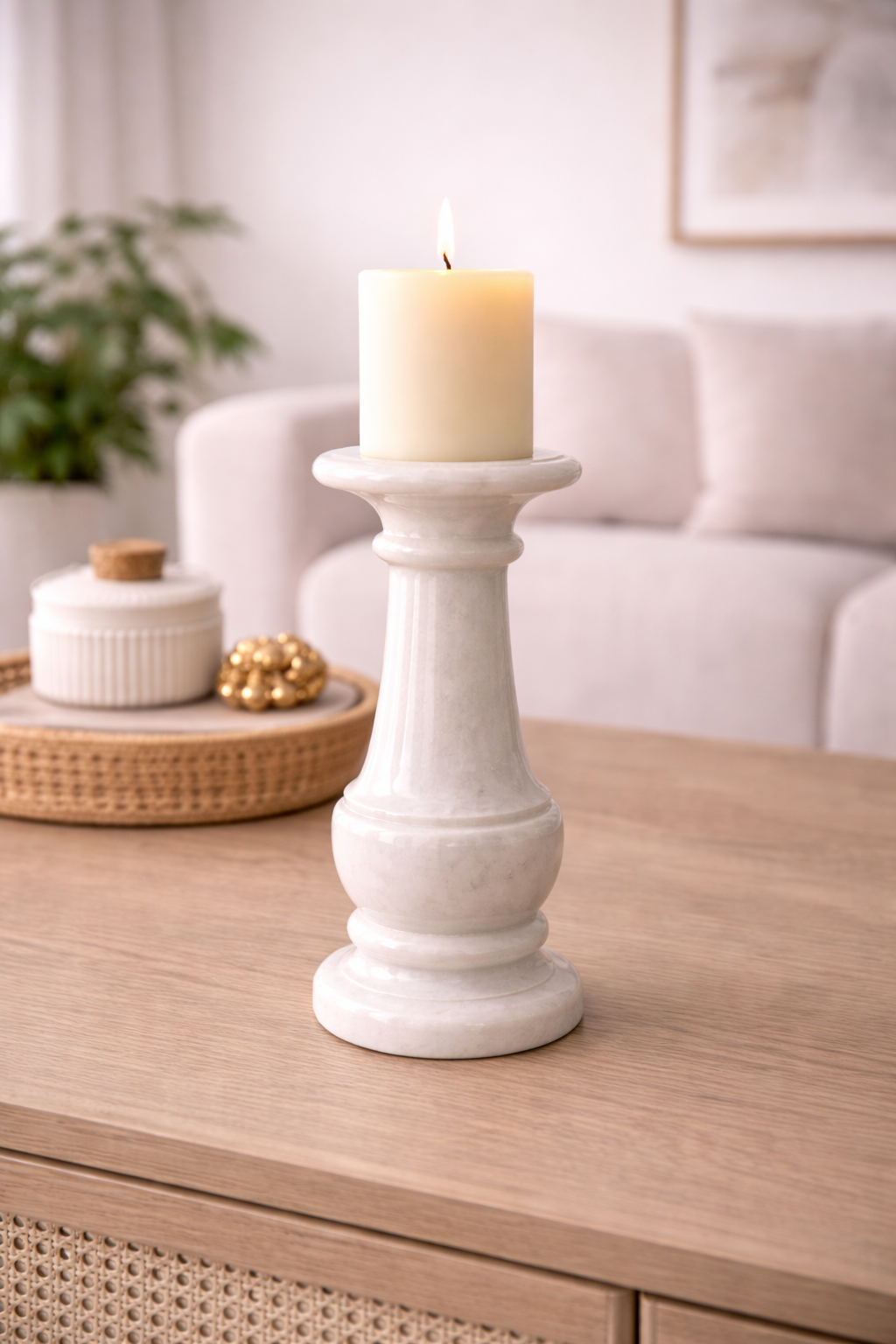 White marble candle holder as a living room coffee table centrepiece