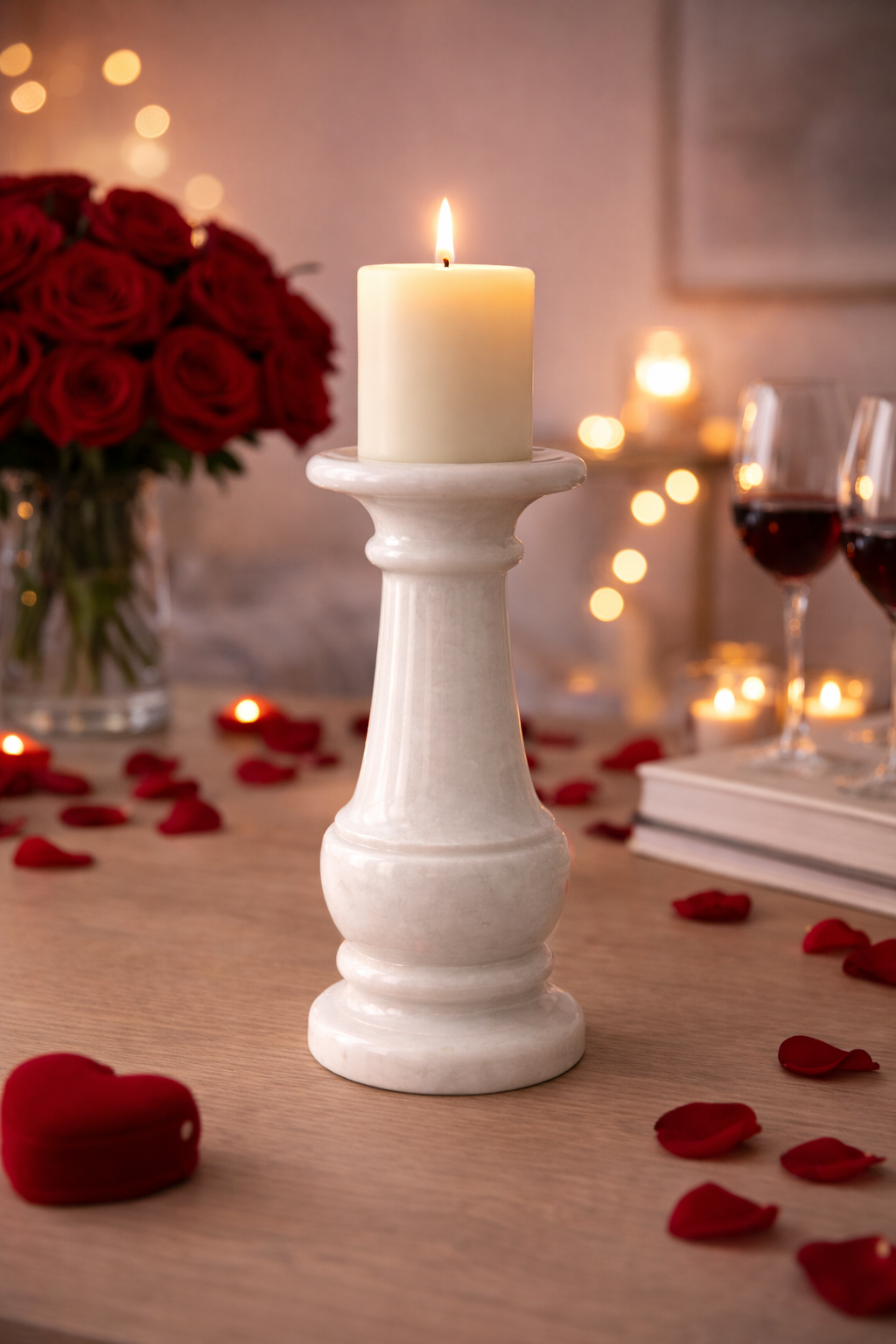White marble candle holder with a lit candle on a table with rose petals