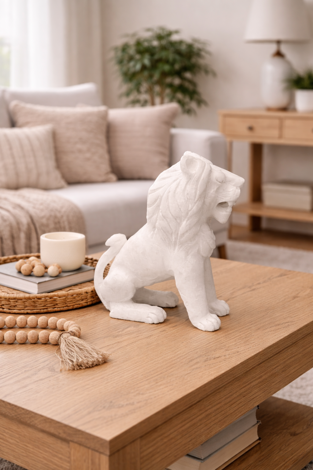 Polished white marble sitting lion sculpture as living room table centrepiece