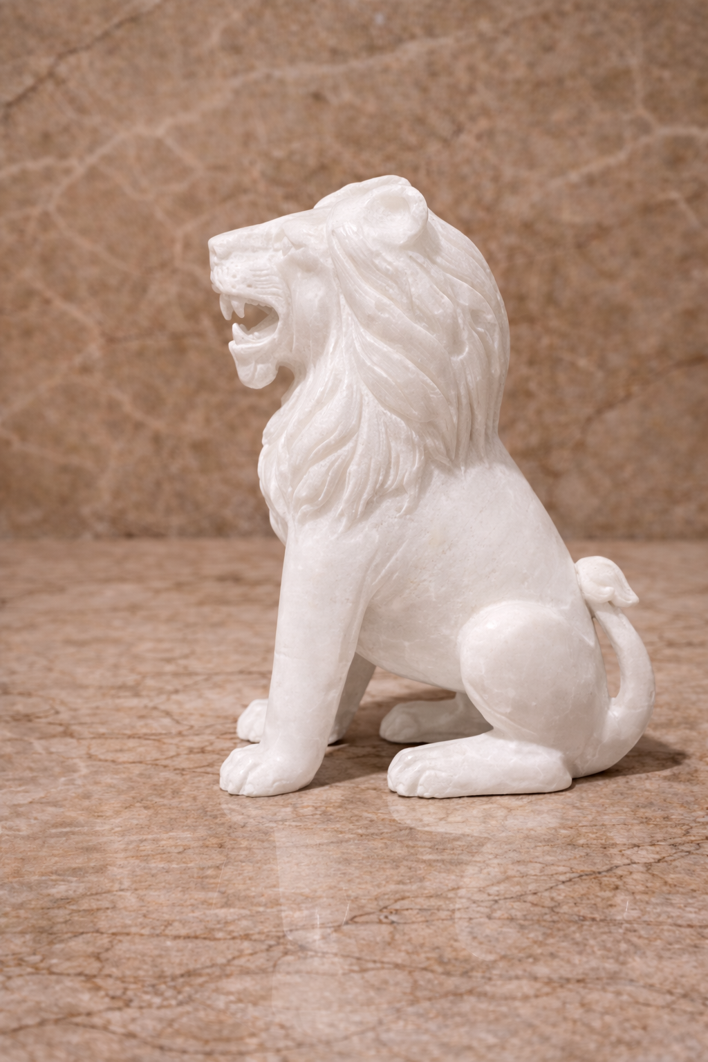 White marble lion statue decor on white surface
