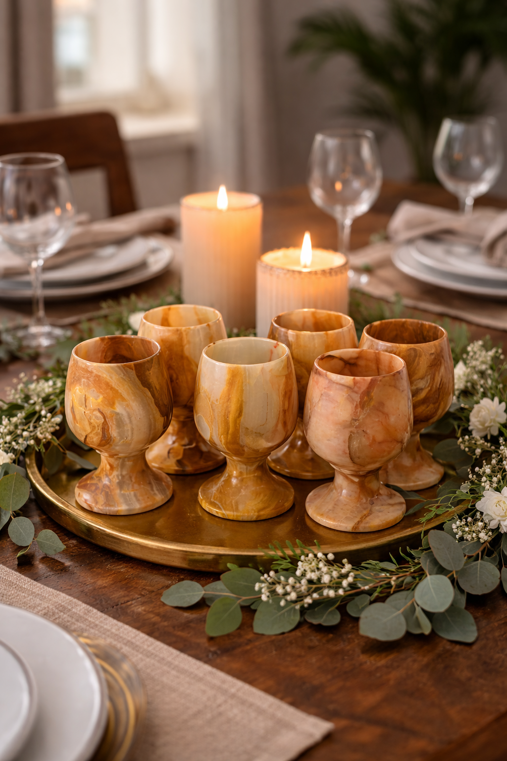 Natural onyx wine goblet set styled on dinning table