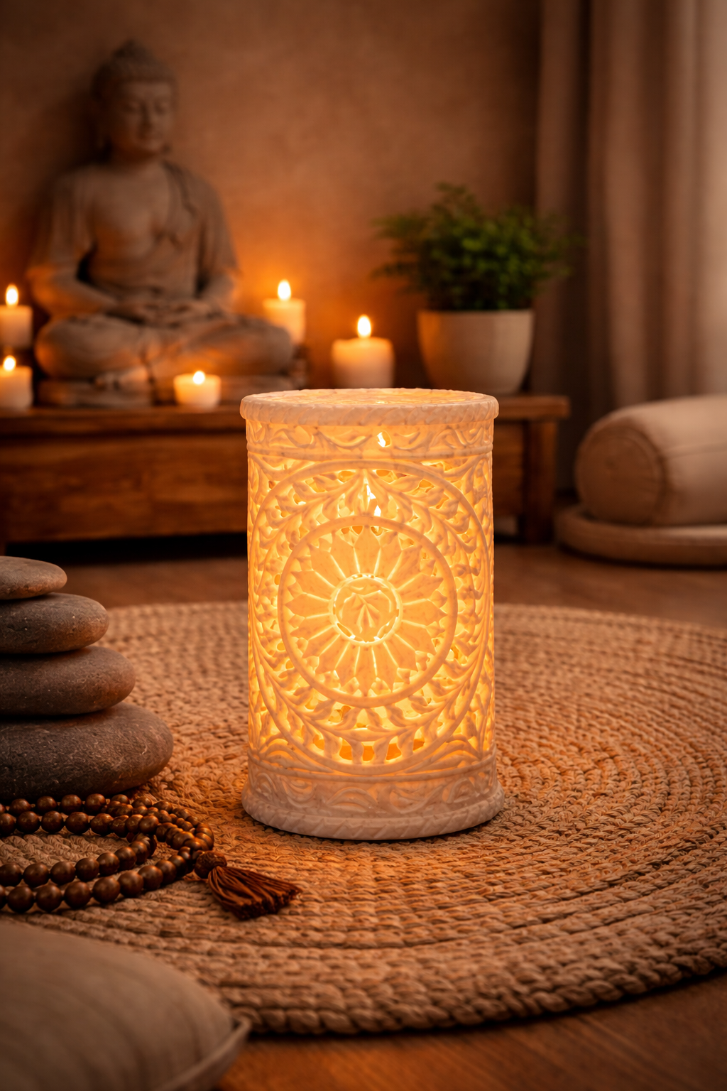 White marble carved candle holder glowing in a meditation room with Buddha statue and ambient candle