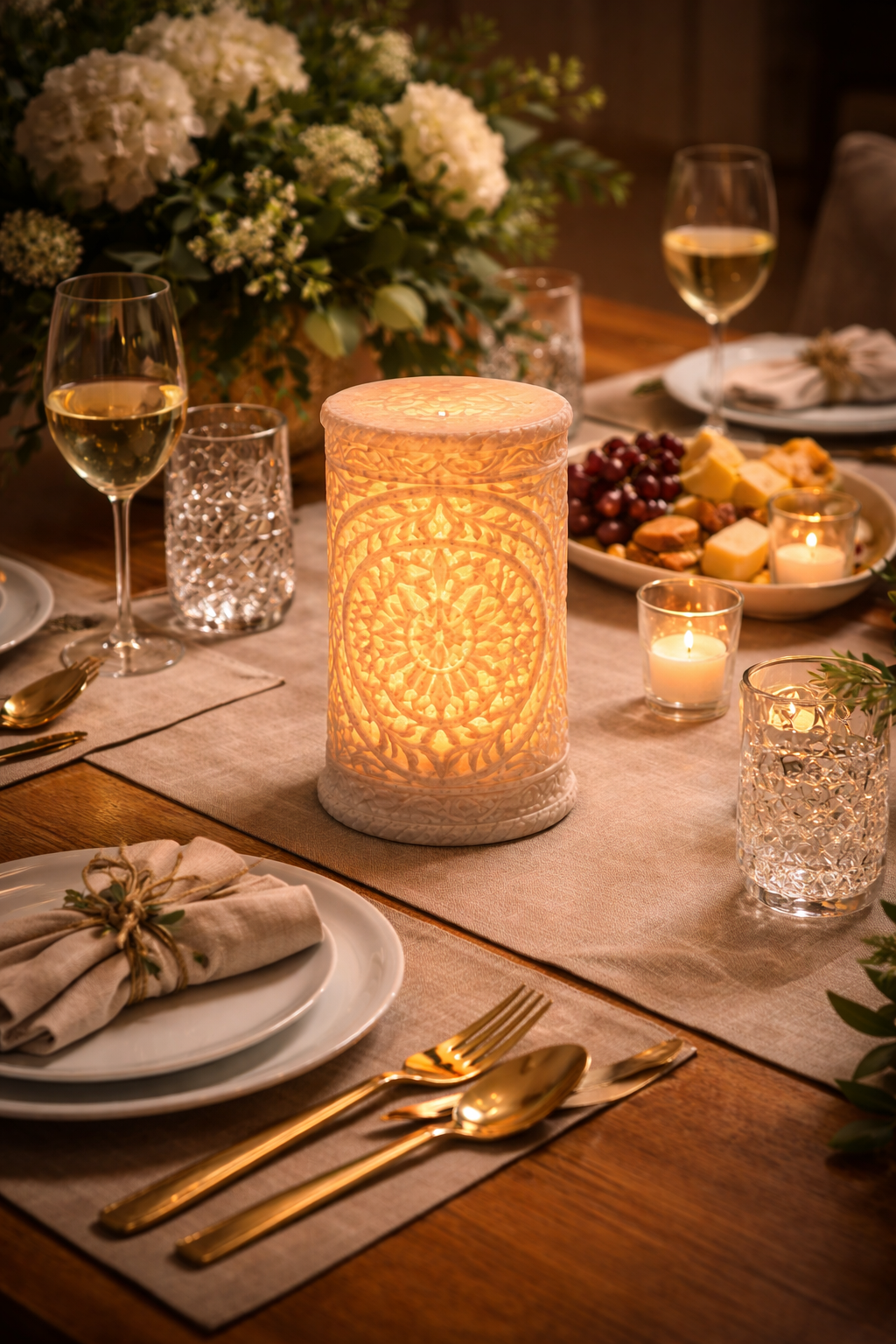 0.322 kg Hand-carved white marble candle holder glowing on elegant dining table with wine glasses and dinner setting