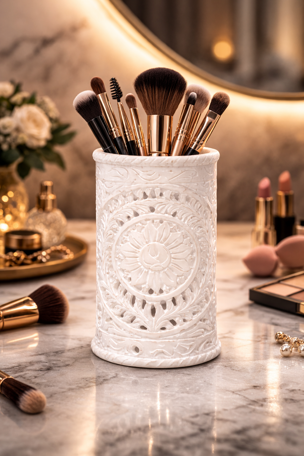 White marble carved candle holder holding Mackup Brushes