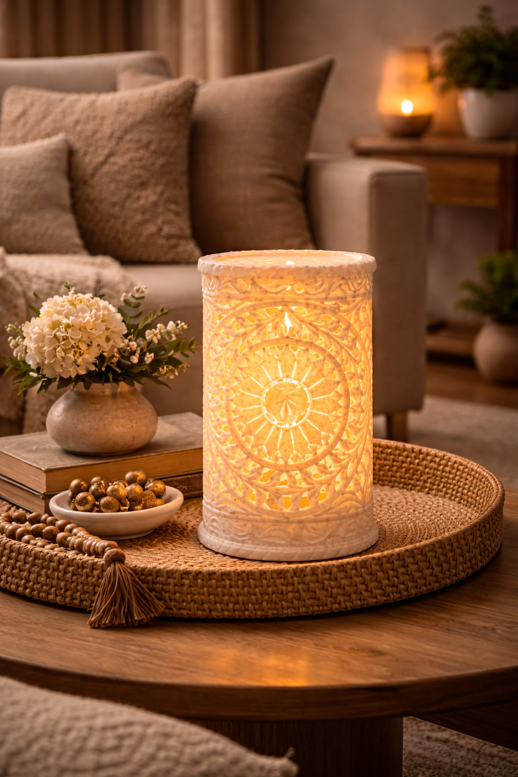 White marble carved candle holder on woven tray centerpiece in cozy living room setting