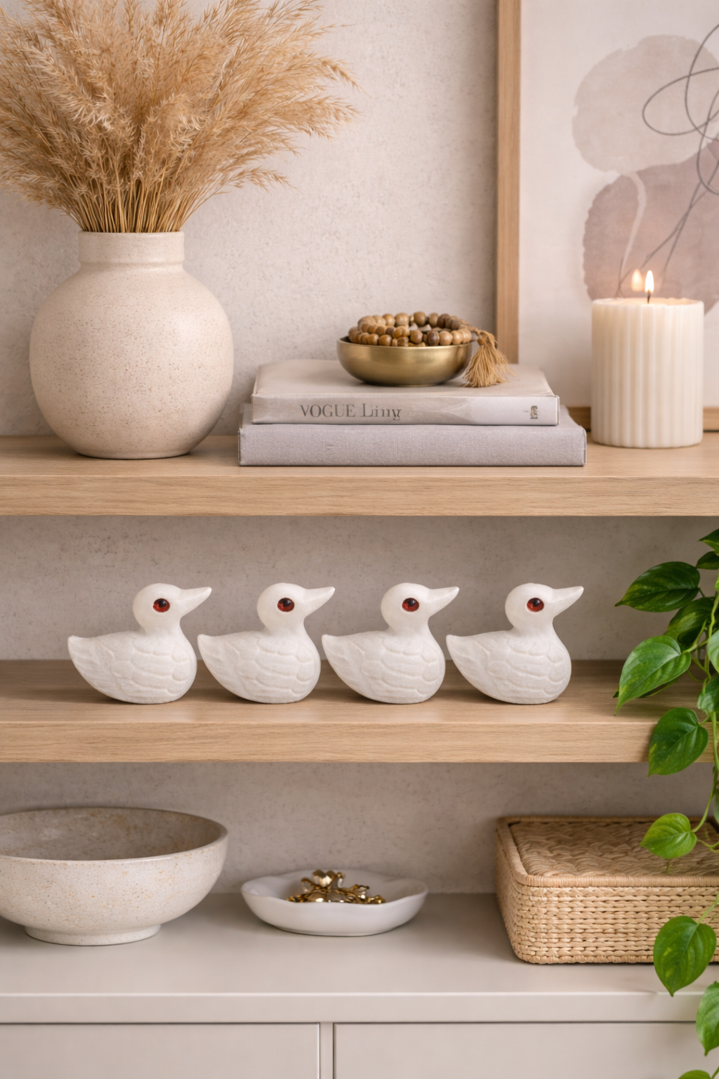 White marble duck figurines displayed on wooden living room shelf with decorative objects and plant
