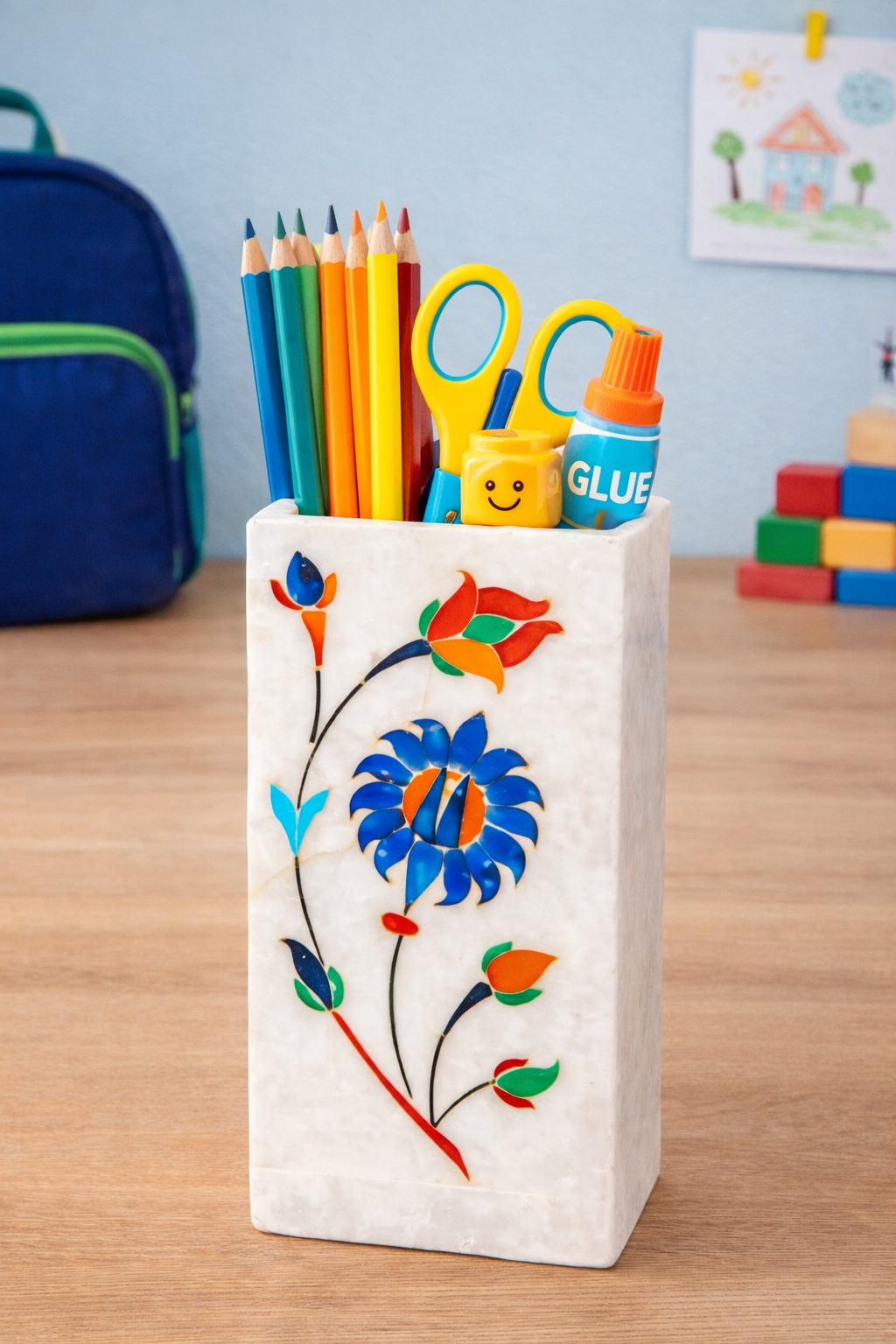 White marble multipurpose stand with handcrafted floral inlay, square pencil holder desk organiser