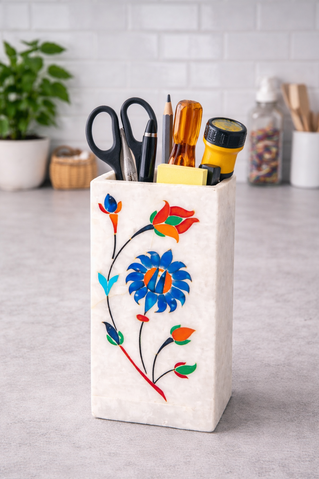 White marble multipurpose stand with handcrafted floral inlay used as a small household organiser
