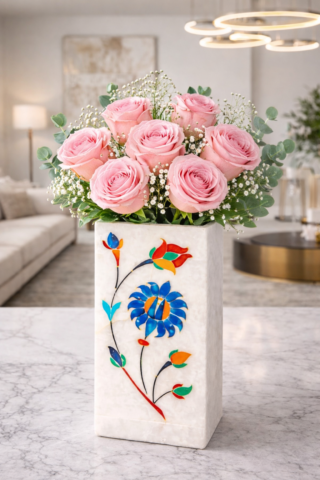 Handcrafted White Marble Multipurpose Stand with Floral Inlay – Luxury Desk & Vanity Organiser