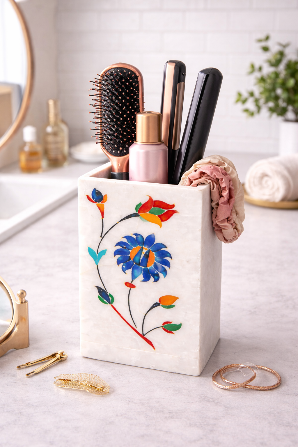White marble multipurpose stand with handcrafted floral inlay used as hair accessories holder
