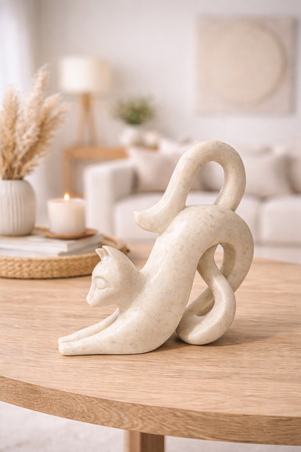Hand-carved white marble cat sculpture styled as console
