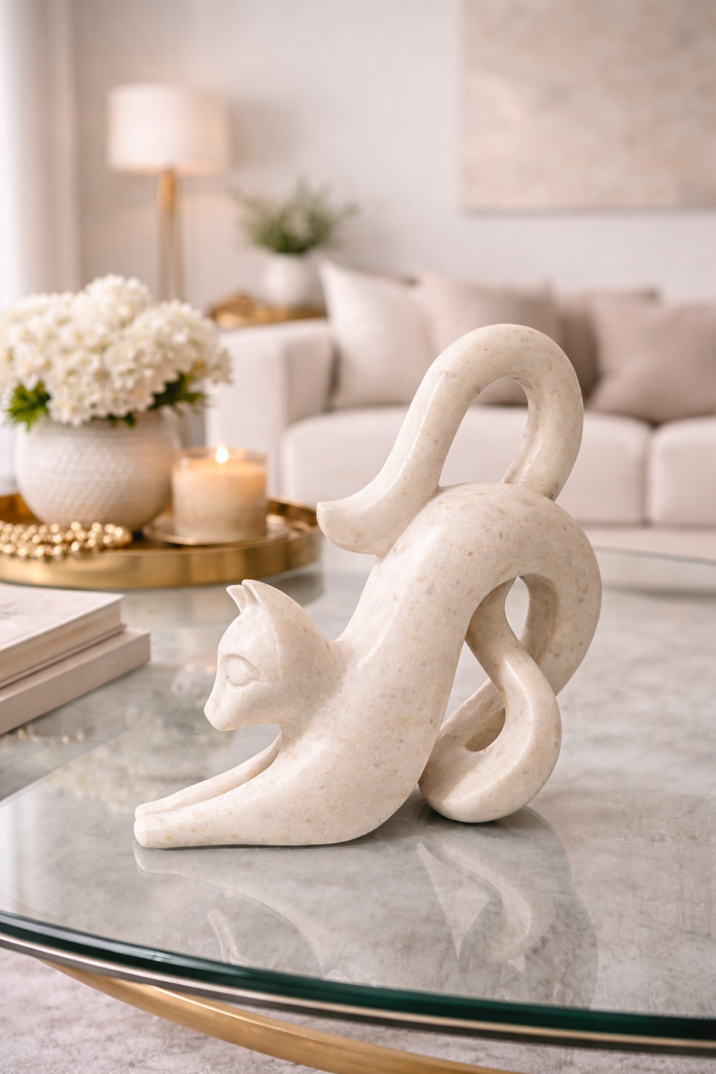 White marble cat statue on living room table, sophisticated stone décor statement piece NZ