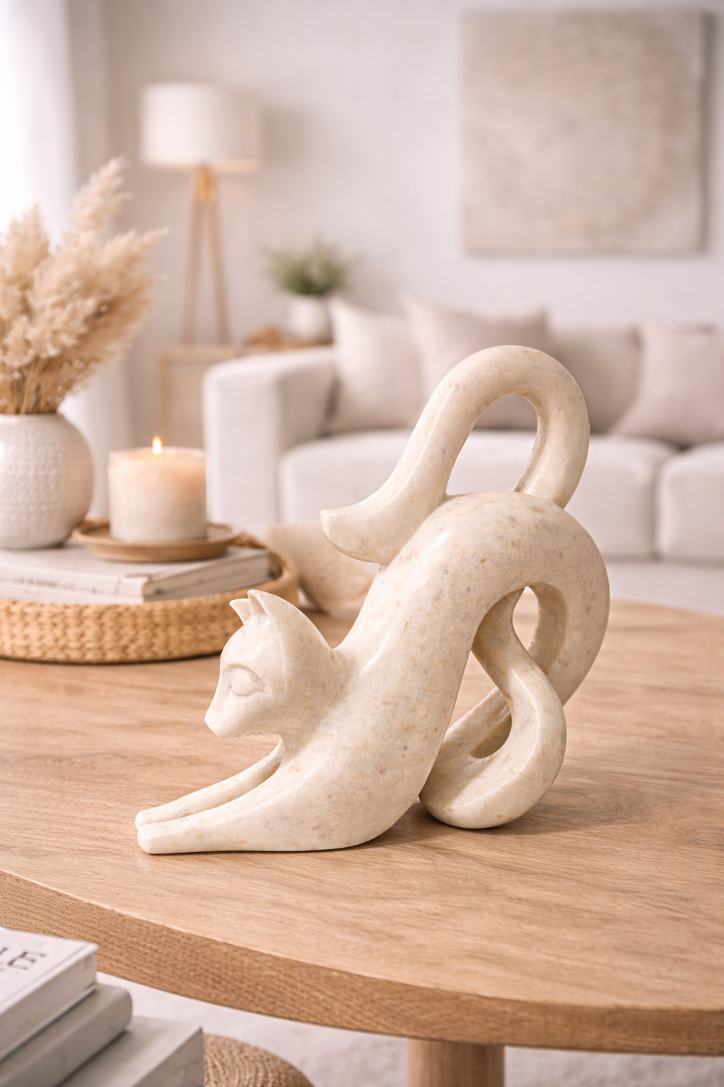 Hand-carved white marble cat sculpture used as living room table centrepiece, luxury stone décor NZ