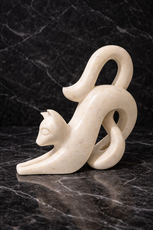 Hand-carved white marble cat sculpture on black marble surface, luxury animal décor NZ