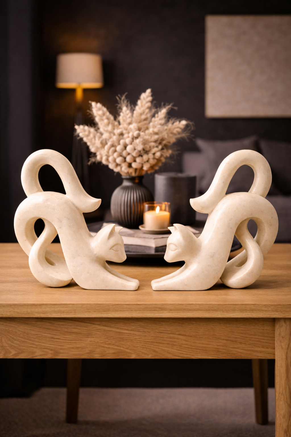 Pair of hand-carved white marble cat sculptures styled as living room table centrepiece, luxury stone décor NZ