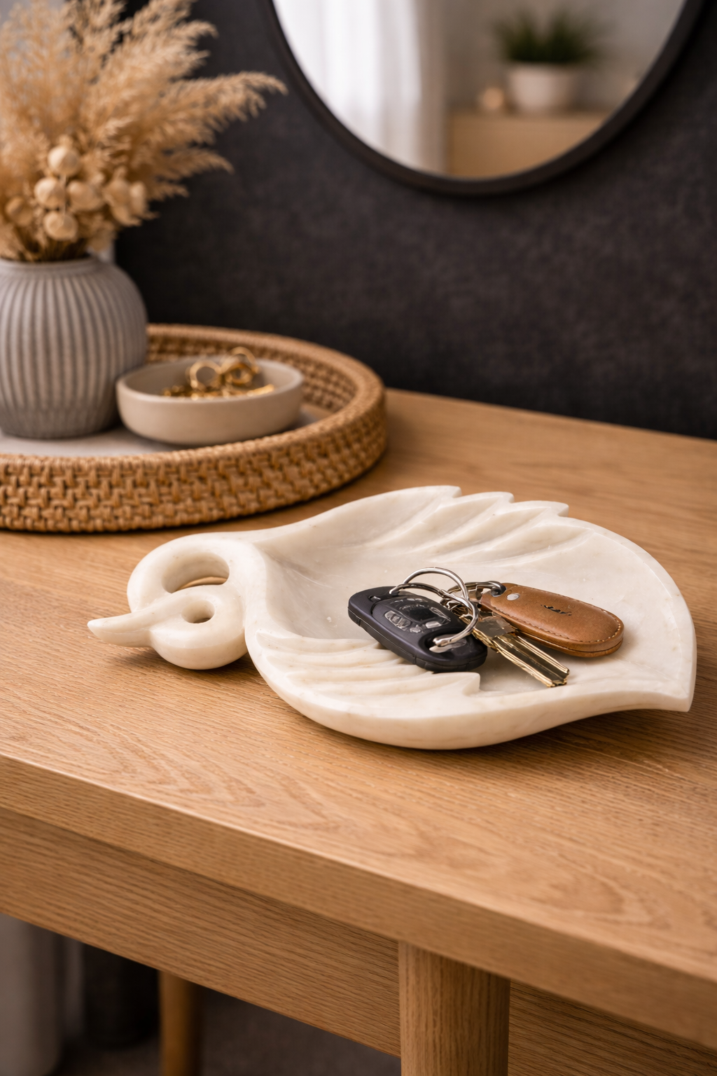 Polished marble leaf dish for hallway console key storage