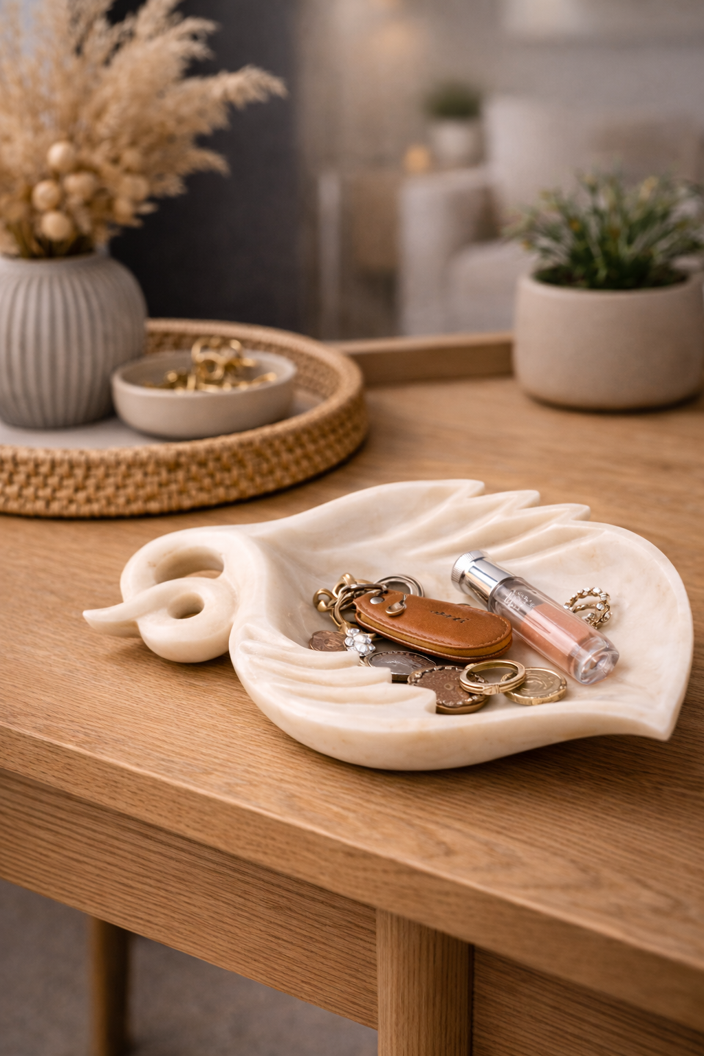 White marble leaf tray used as entryway key holder NZ