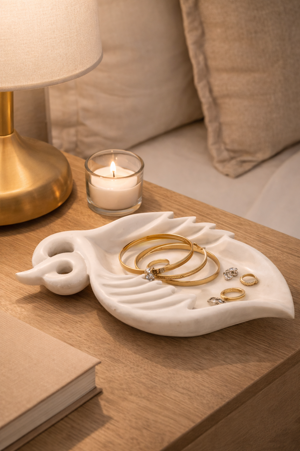 Solid marble decorative tray for jewellery storage on bedside table NZ