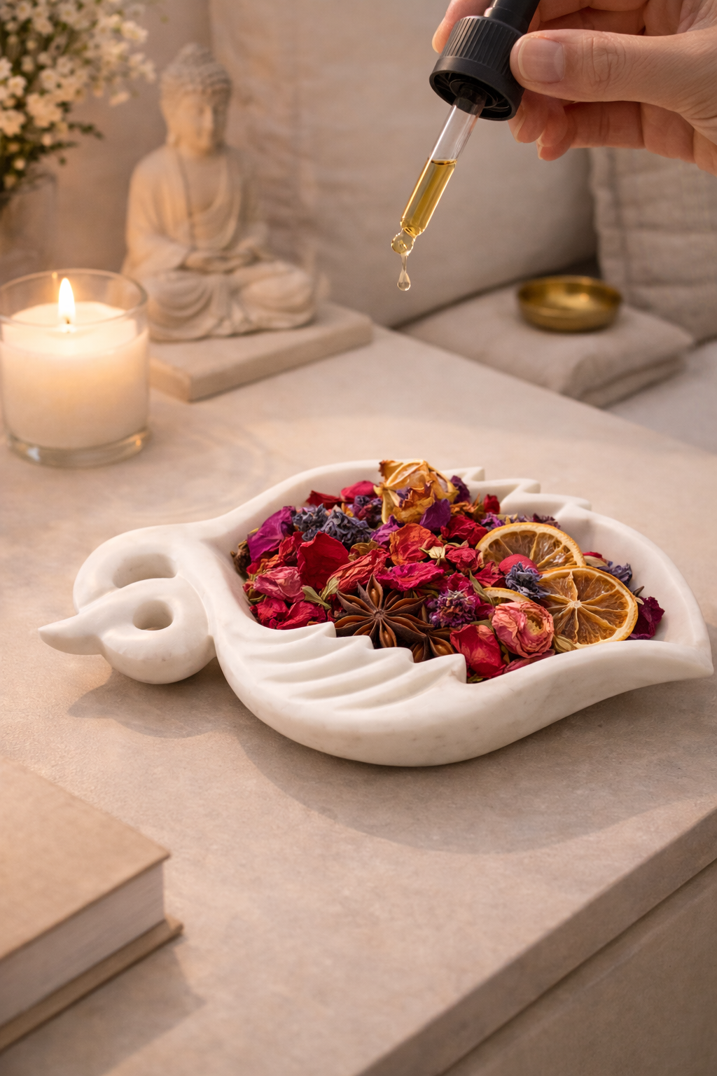 Polished marble leaf decorative tray with dried flowers and essential oil styling