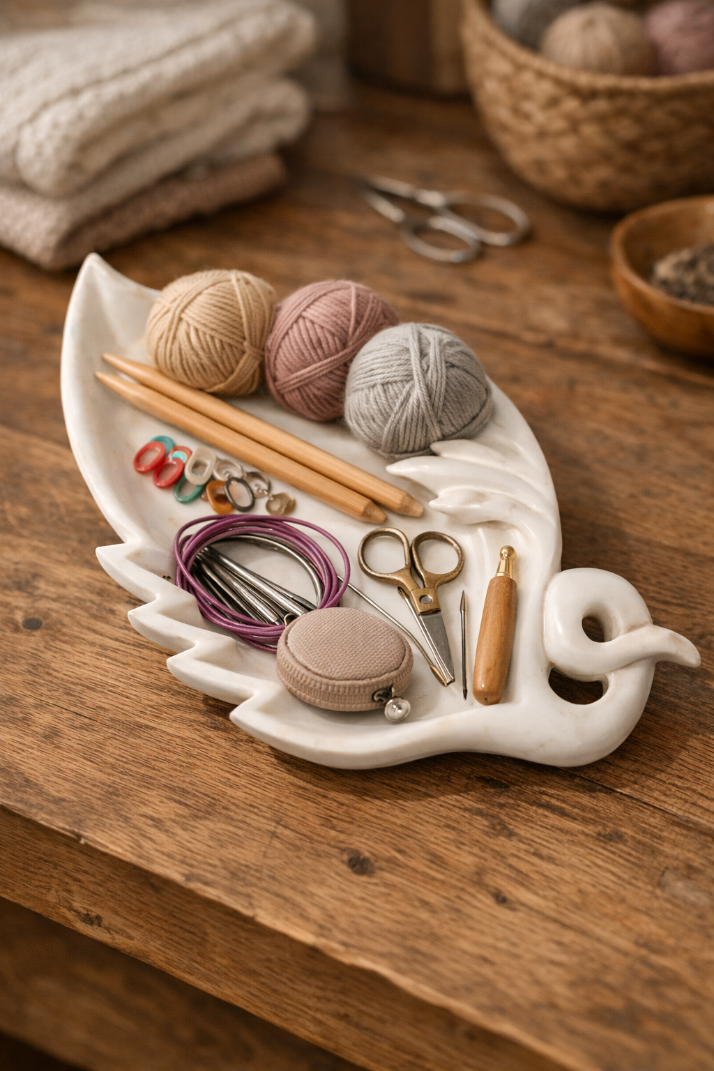 White marble leaf bowl used as knitting tools holder for needles and small accessories