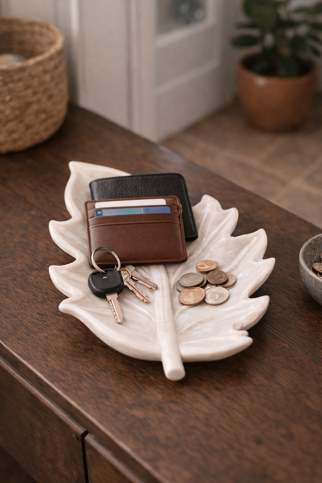 White marble key and wallet holder placed on a doorway console table.
