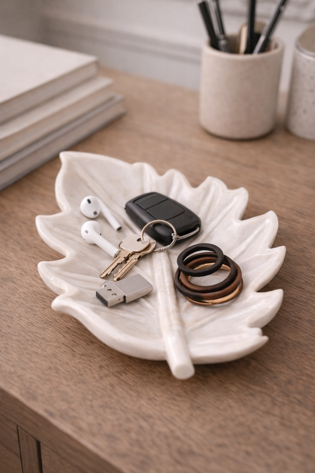 Marble leaf bowl NZ styled as an entryway catch-all for keys, coins, and daily essentials.