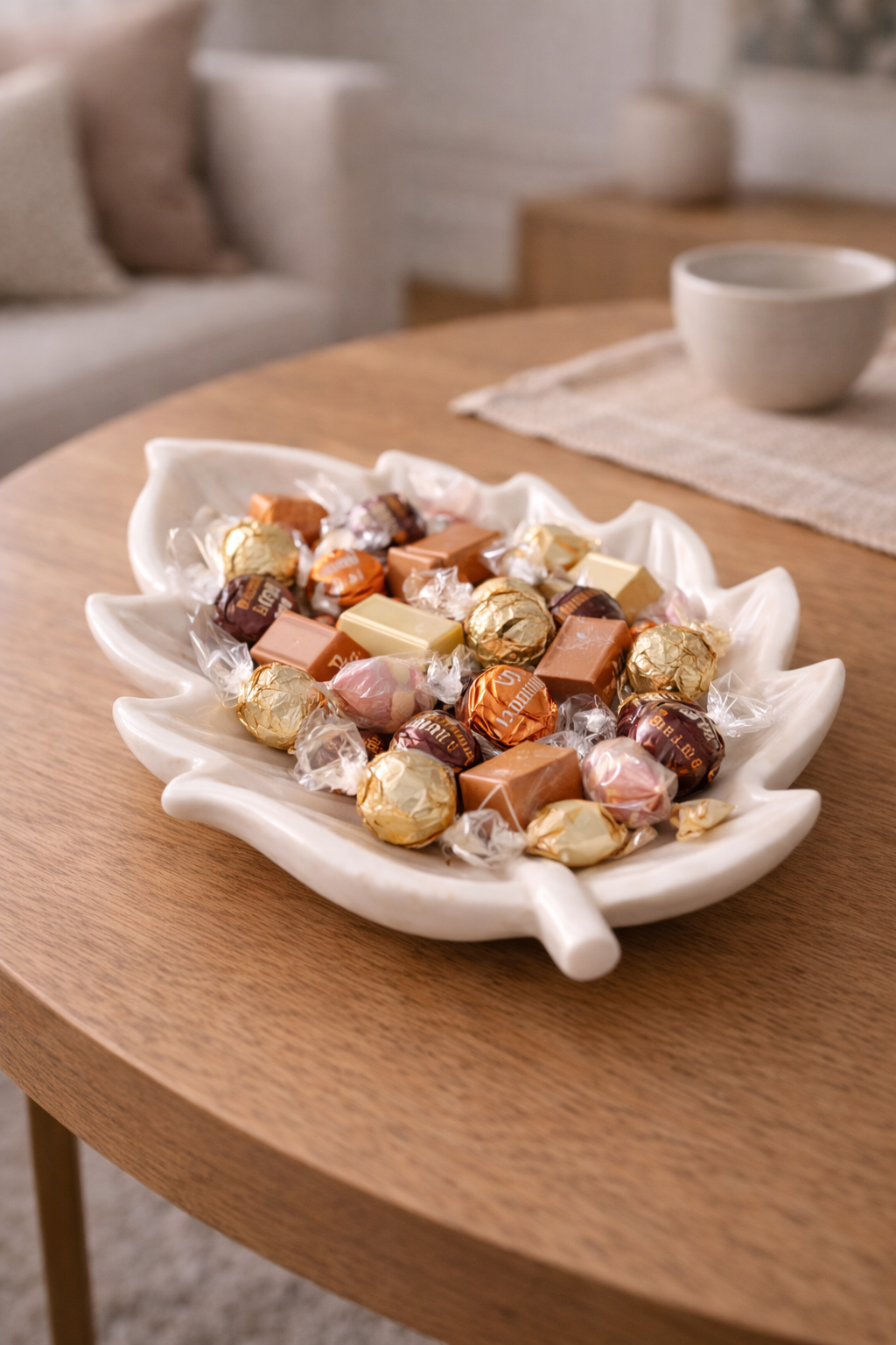 Solid marble decorative bowl used as a stylish candy holder for guests.