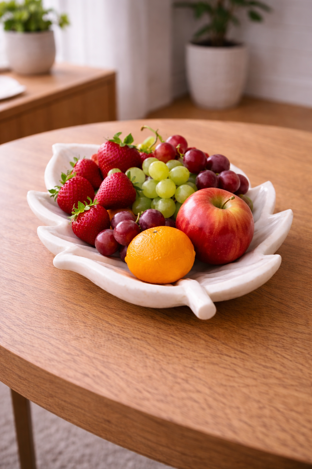 Premium white marble leaf bowl styled as an elegant fruit holder for modern interiors.