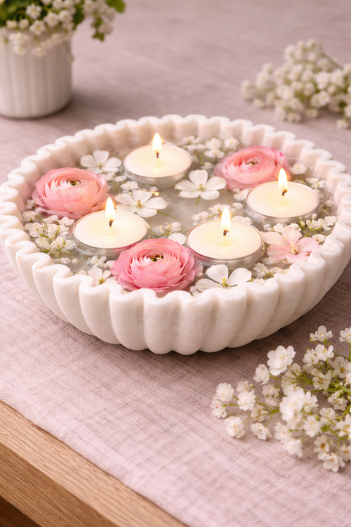 Hand-carved white marble zigzag bowl with floating candles and flowers, elegant festive centrepiece décor NZ