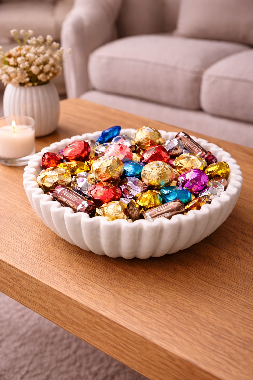 Hand-carved marble zigzag bowl used as sweet and candy serving bowl, premium stone home décor NZ