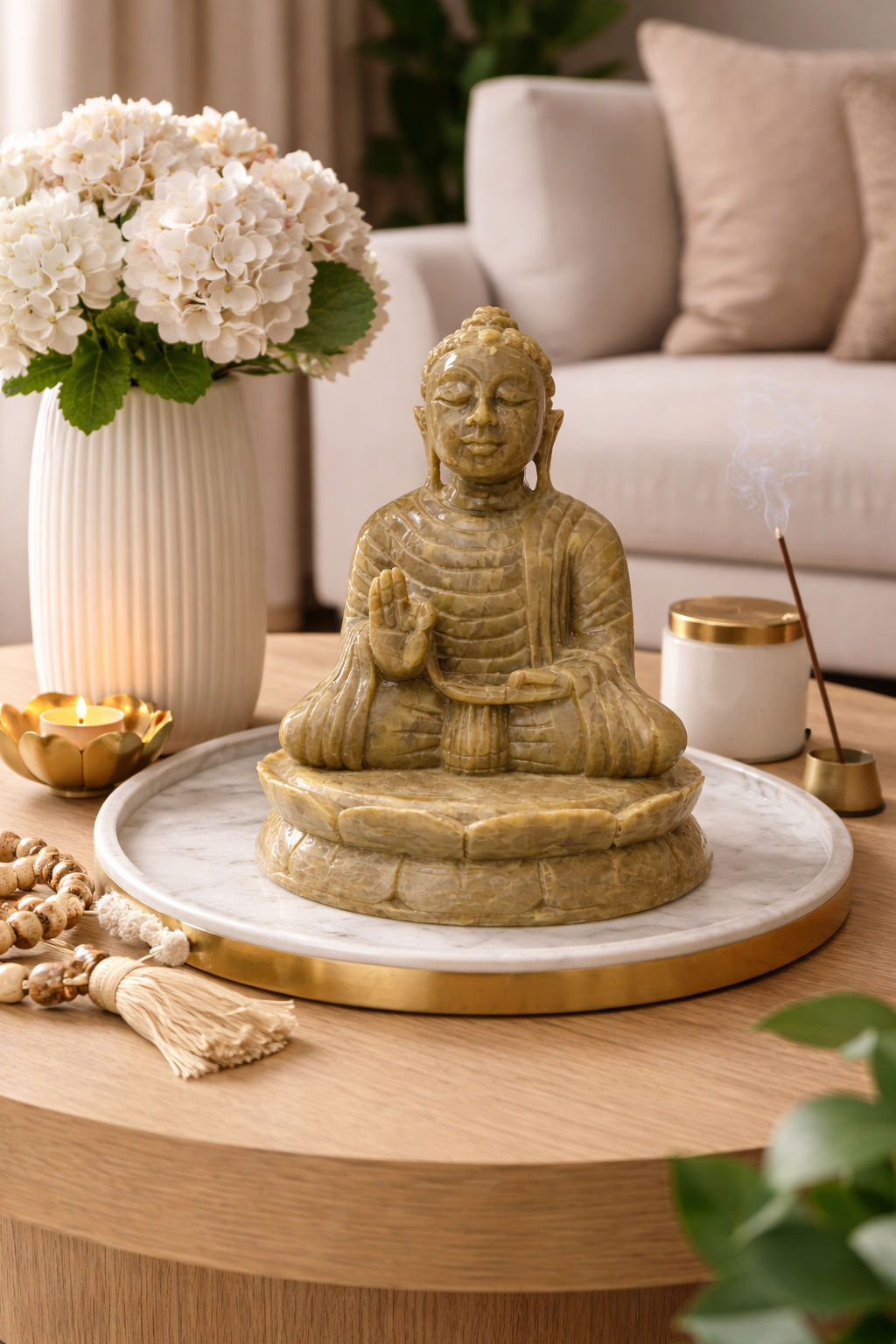 Polished soapstone Buddha statue on a marble tray with incense and candles in a modern living room setting.