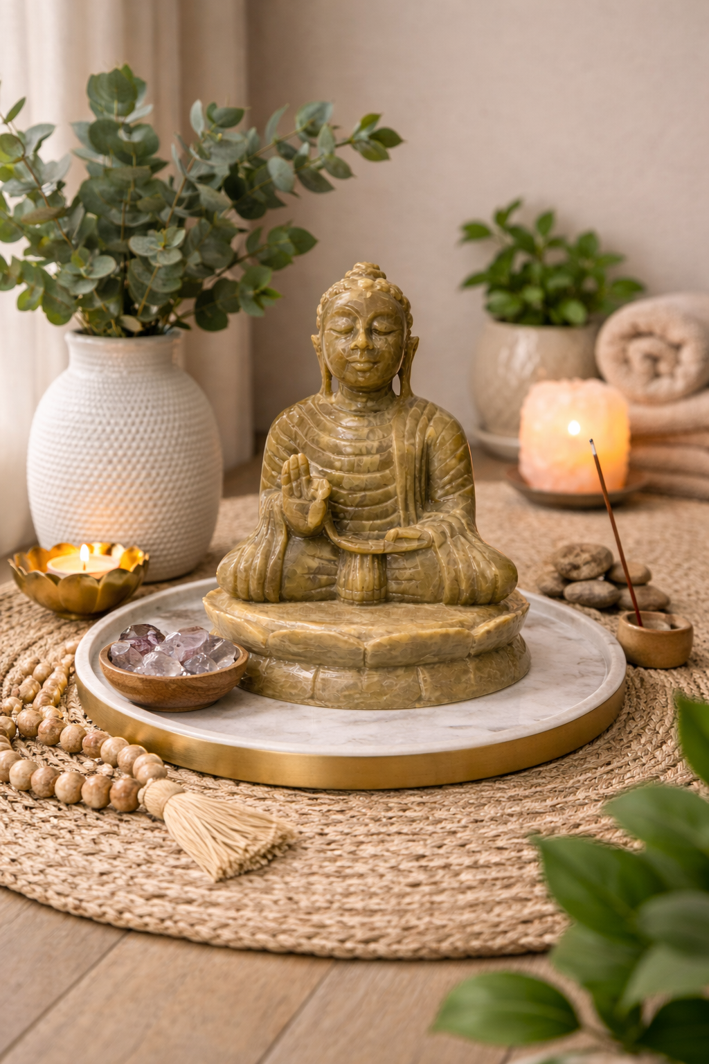 Hand-carved soapstone Buddha statue placed in a serene meditation room, styled with natural décor and warm ambient lighting.